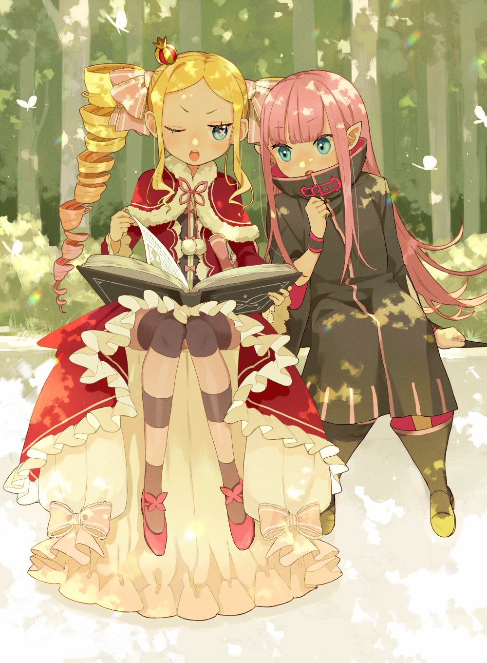 2girls, beatrice_(re:zero), blonde_hair, blue_eyes, blunt_bangs, book, butterfly-shaped_pupils, capelet