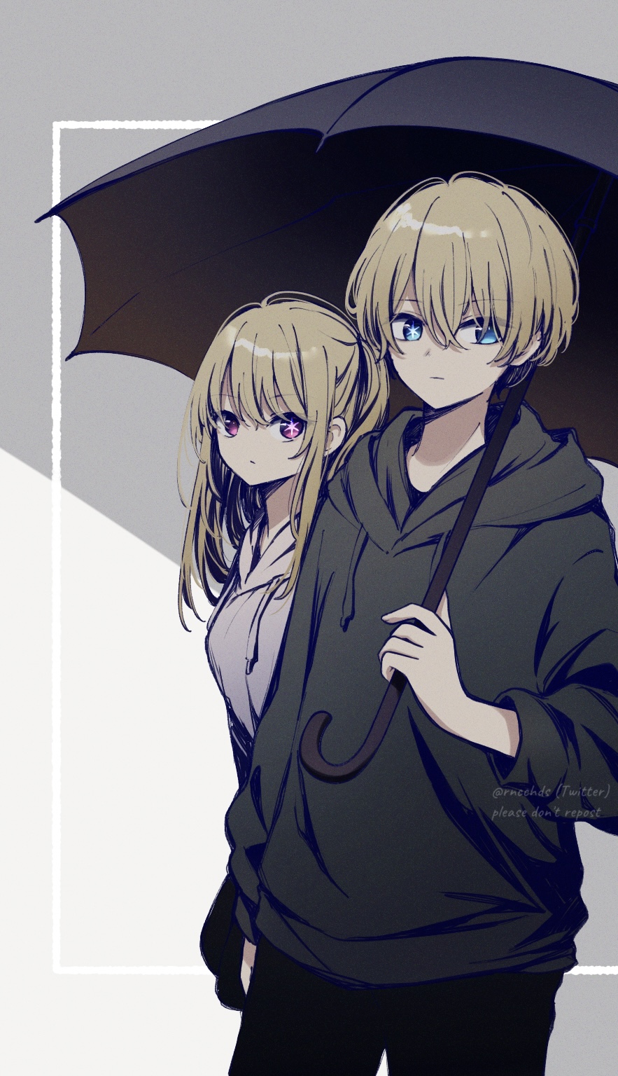 1boy, 1girl, black_hoodie, black_pants, blue_eyes, breasts, brother_and_sister, grey_background