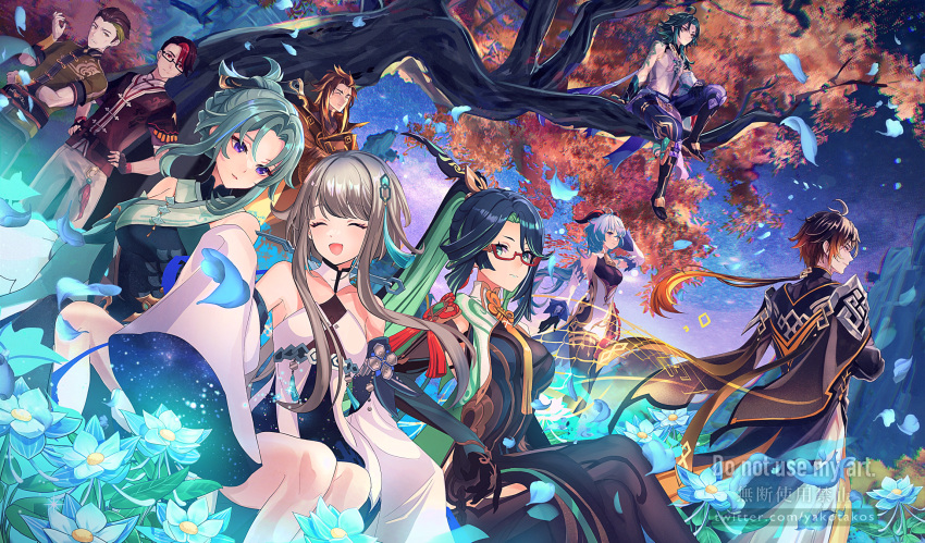4girls, 5boys, ahoge, aqua_eyes, aratakosu_(tako's), bare_shoulders, bead_necklace, beads