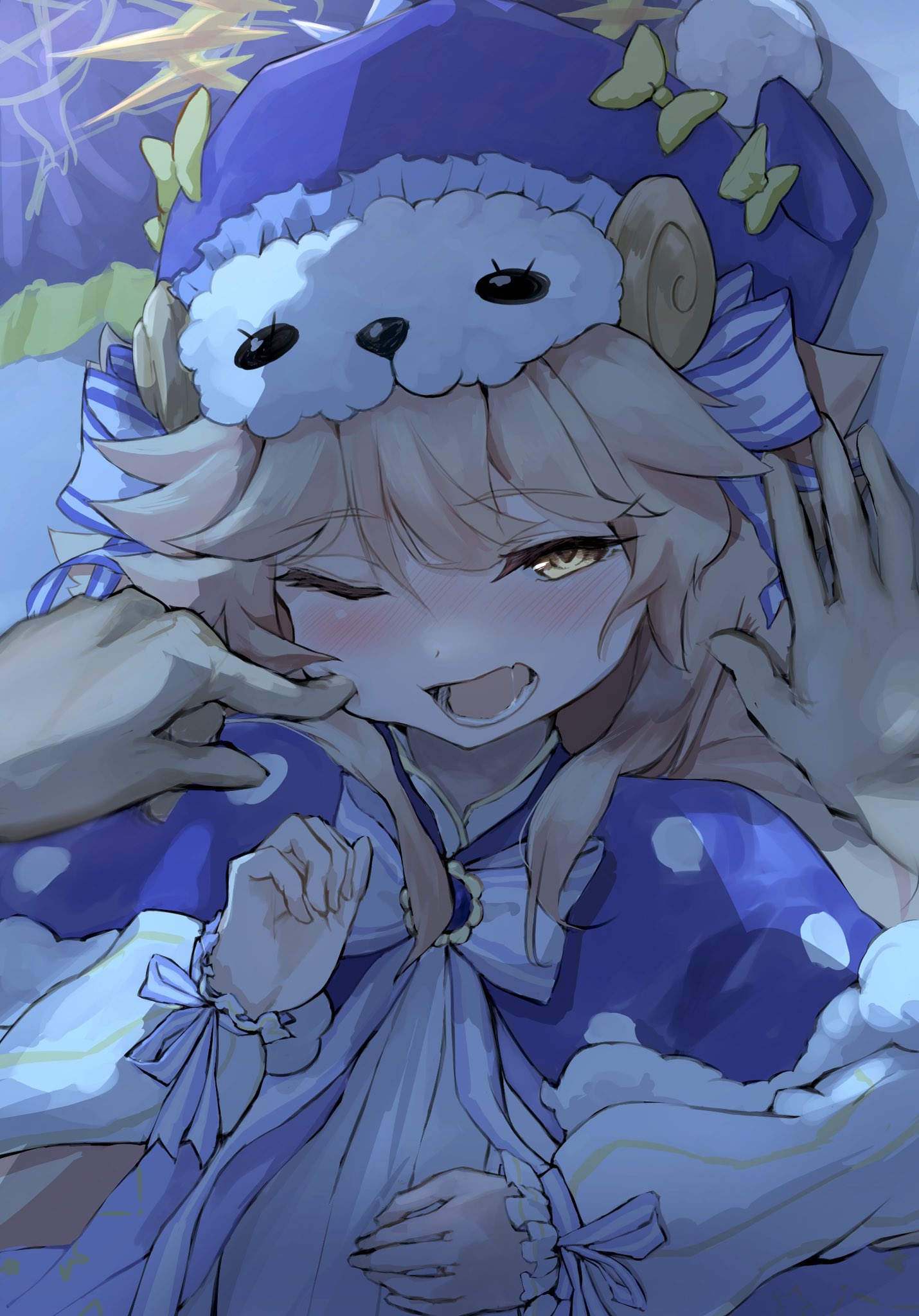 blonde_hair, capelet, cheek_poking, fur-trimmed_capelet, fur_trim, hajime_ssa_sa_n, hat, highres, long_hair, monster_strike, nightcap, one_eye_closed, open_mouth, poking, pov, ramiel_(monster_strike), ribbon, sleepwear