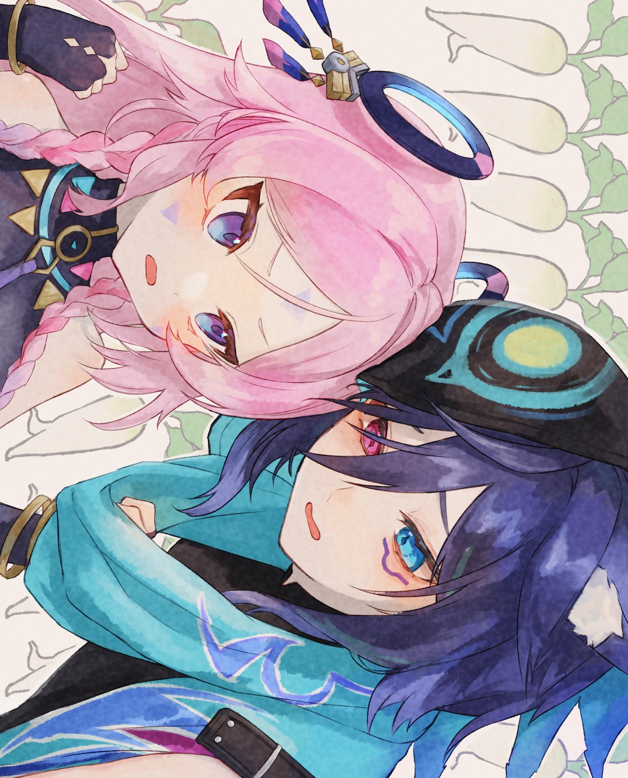 1boy, 1girl, animal_ear_fluff, animal_ears, bare_shoulders, bat_ears, black_hood, black_leotard