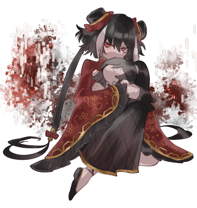 1girl, black_dress, black_footwear, black_hair, character_doll, chinese_clothes, commentary, double_bun, dress, full_body, hair_bun, hong_lu_(project_moon), hugging_doll, hugging_object, jia_xichun_(project_moon), limbus_company, long_hair, long_sleeves, looking_at_viewer, multicolored_hair, project_moon, red_eyes, red_sleeves, simple_background, sitting, solo, streaked_hair, tkhenpkn, twintails, very_long_hair, wide_sleeves