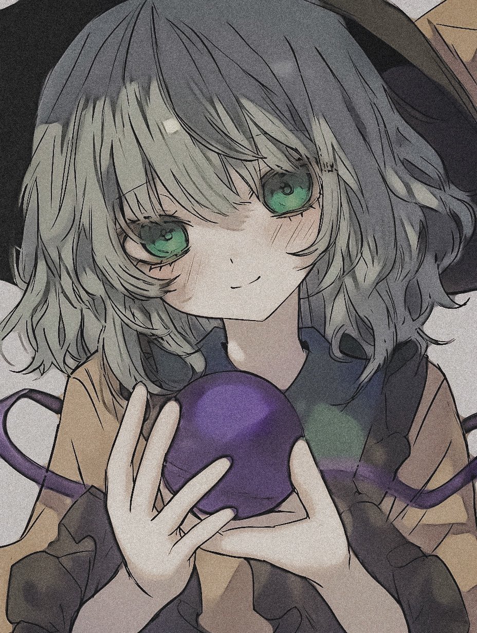 black_hat, blouse, blush, eyeball, frilled_shirt_collar, frilled_sleeves, frills, green_hair