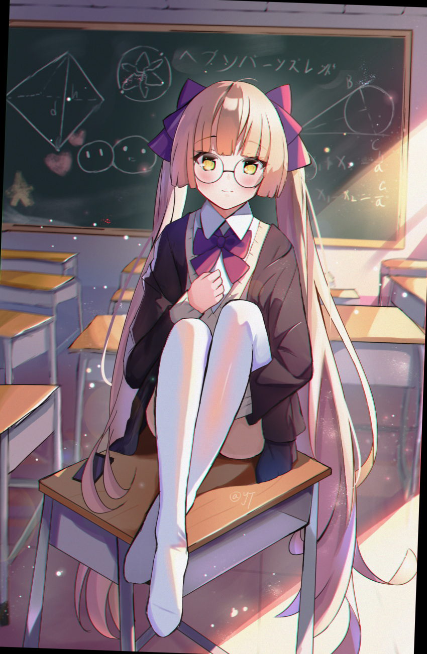 1girl, absurdres, blush, cardigan, chalkboard, classroom, desk, heaven_burns_red
