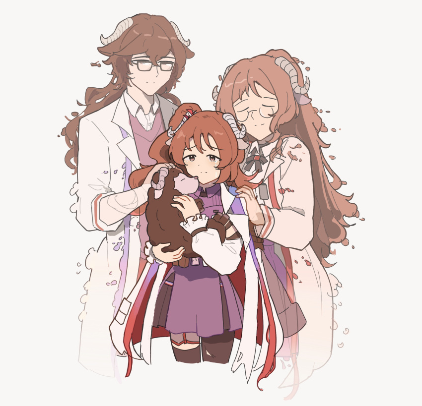 1boy, 2girls, animal, animal_ears, arknights, asymmetrical_legwear, black-framed_eyewear, black_bow