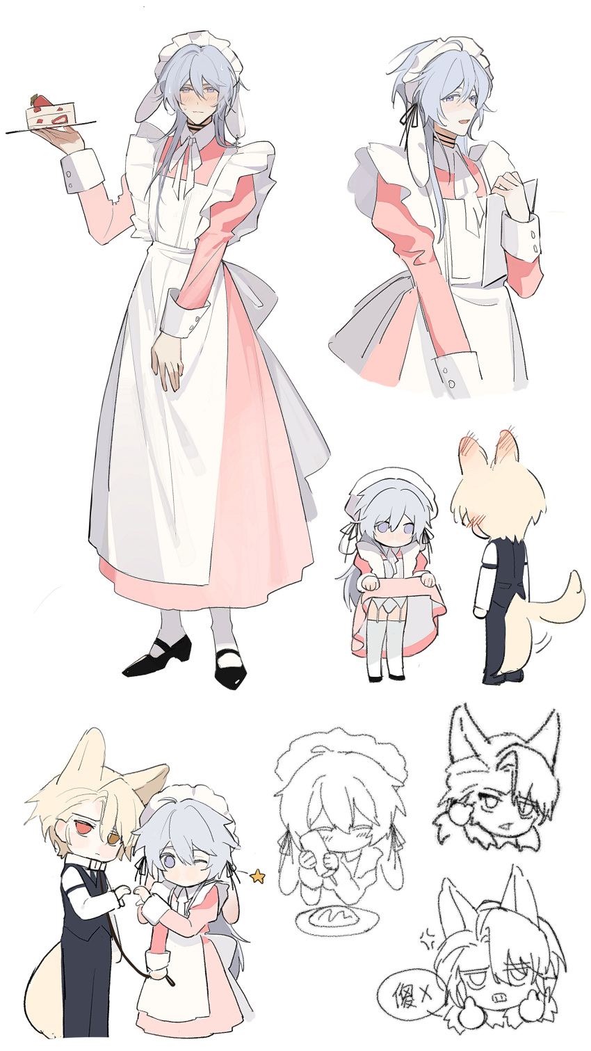 2boys, absurdres, alternate_costume, apron, becoming_a_god_in_the_zerg_world_by_livestreaming_bl_novels, black_dress, blonde_hair, blush