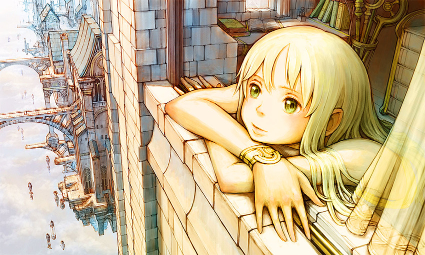 book, bracelet, city, dorayuki, face, floating, floating_city, hands, jewelry, original, scenery, sky, smile, solo, staff, yellow_eyes