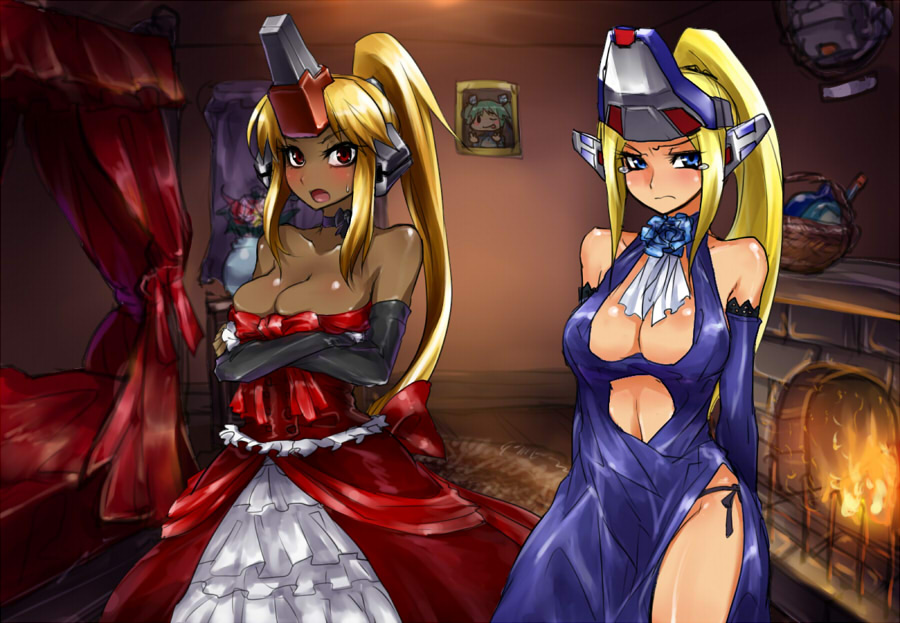 blonde_hair, blue_eyes, blush, breasts, c.s., centaur_x, choker, cleavage