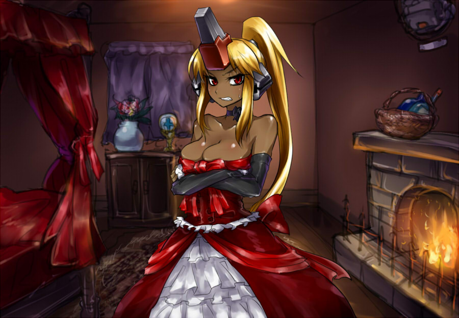 bare_shoulders, blonde_hair, breasts, centaur_x, choker, cleavage, cosmic_break, crossed_arms