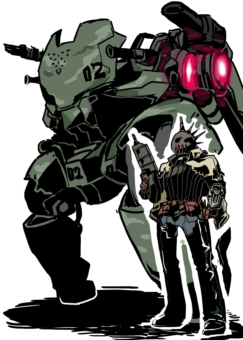 1boy, belt, capcom, commentary_request, gtf-11, gun, helmet, highres, holding, holding_gun, holding_weapon, jacket, lost_planet, machine_gun, mecha, mechanical_wings, robot, science_fiction, shoulder_cannon, sido_(slipknot), vagabundo, walker_(robot), weapon, wings