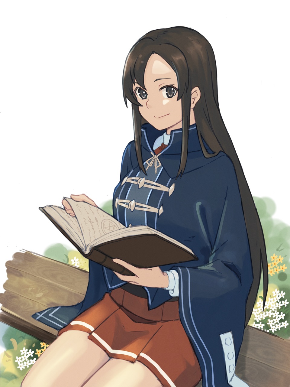 1girl, bench, black_eyes, black_hair, blue_robe, book, breasts, closed_mouth