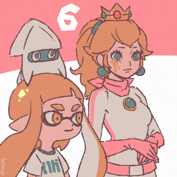 2girls, bellhenge, biker_clothes, biker_peach, bikesuit, blonde_hair, blooper_(mario), blue_eyes