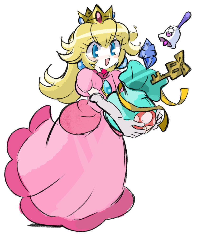 1girl, absurdres, blonde_hair, blue_eyes, blush, breasts, crown, dress, earrings, elbow_gloves, full_body, gloves, highres, jewelry, long_hair, looking_at_viewer, pink_dress, princess_peach, rakugaki_shitagari-ya, solo, sphere_earrings, super_mario_bros., super_mario_party_jamboree, white_gloves