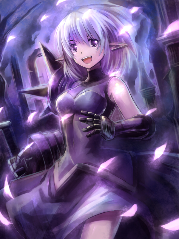 artemisia_(pixiv_fantasia), edobox, elf, gauntlets, open_mouth, original, petals, pixiv_fantasia, pixiv_fantasia_2, pointy_ears, purple_eyes, short_hair, silver_hair, smile, solo, violet_eyes