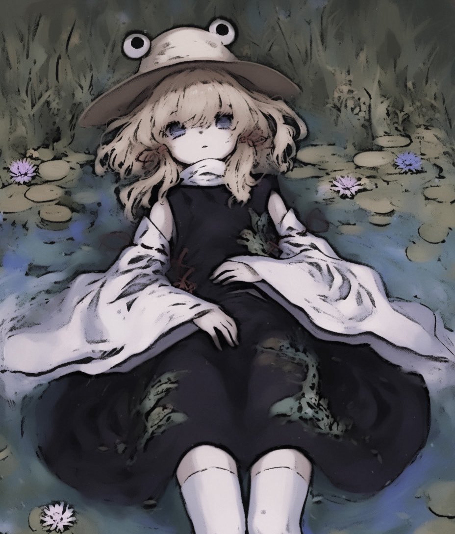animal_print, bare_shoulders, blonde_hair, brown_hat, frog_print, grass, hair_ribbon, hat