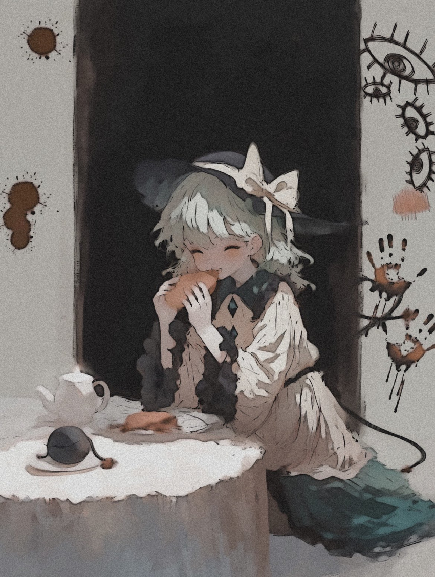 black_hat, blood, blood_splatter, bloody_handprints, blouse, buttons, closed_eyes, diamond_button