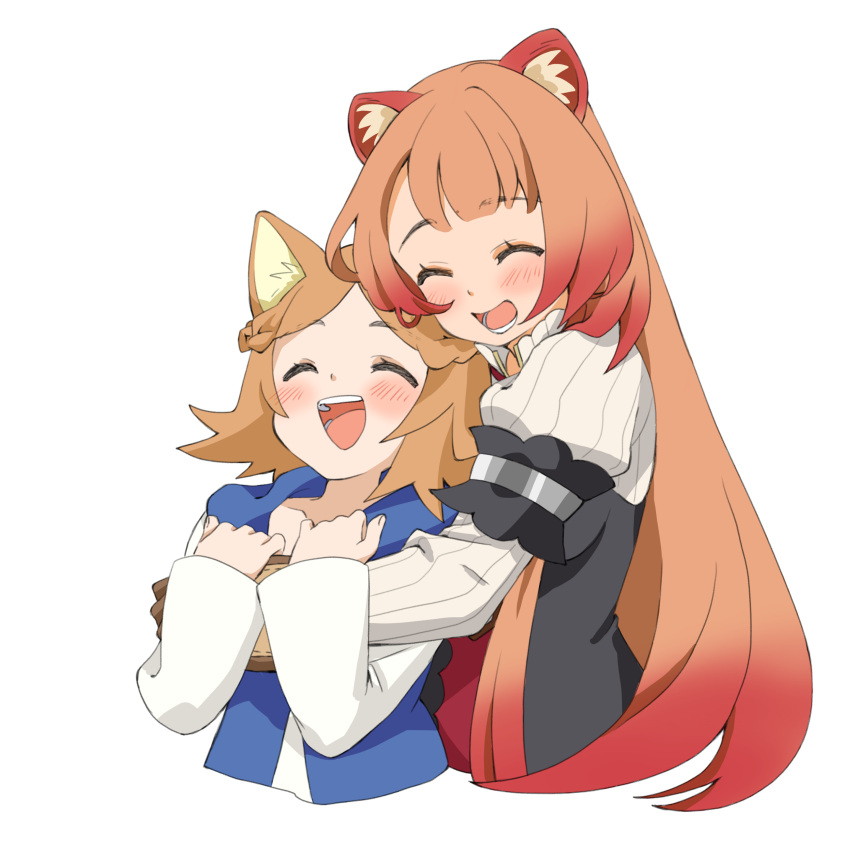 2girls, :d, ^_^, absurdres, animal_ear_fluff, animal_ears, arm_hug, black_dress
