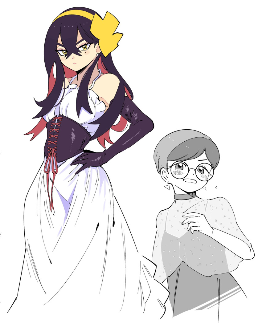 2girls, alternate_costume, black_corset, black_gloves, black_hair, blush, carmine_(pokemon), colored_inner_hair