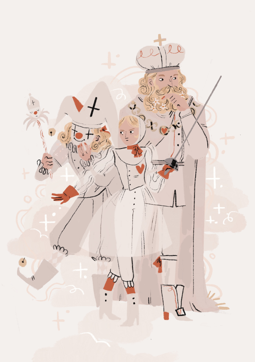 +_+, 1girl, 2boys, absurdres, ankle_boots, beard, beard_flower, bell, bishop_(chess), black_eyes, blonde_hair, board_game, boots, bow, bowtie, cape, chess, chess_piece, closed_eyes, clouds, clown, commentary, crown, dahliasheep, dress, english_commentary, facial_hair, fantasy, flower, footwear_bell, full_body, gloves, gold_necklace, heart, highres, holding, holding_scepter, holding_sword, holding_weapon, jester, jewelry, jingle_bell, king_(chess), long_hair, long_sleeves, multiple_boys, necklace, original, pants, parted_bangs, pawn_(chess), rapier, red_bow, red_nails, red_nose, red_socks, scepter, see-through_clothes, see-through_skirt, see-through_sleeves, shirt, short_hair, simple_background, skirt, socks, sparkle, sword, weapon, white_background, white_cape, white_dress, white_flower, white_footwear, white_hood, white_pants, white_shirt, white_theme