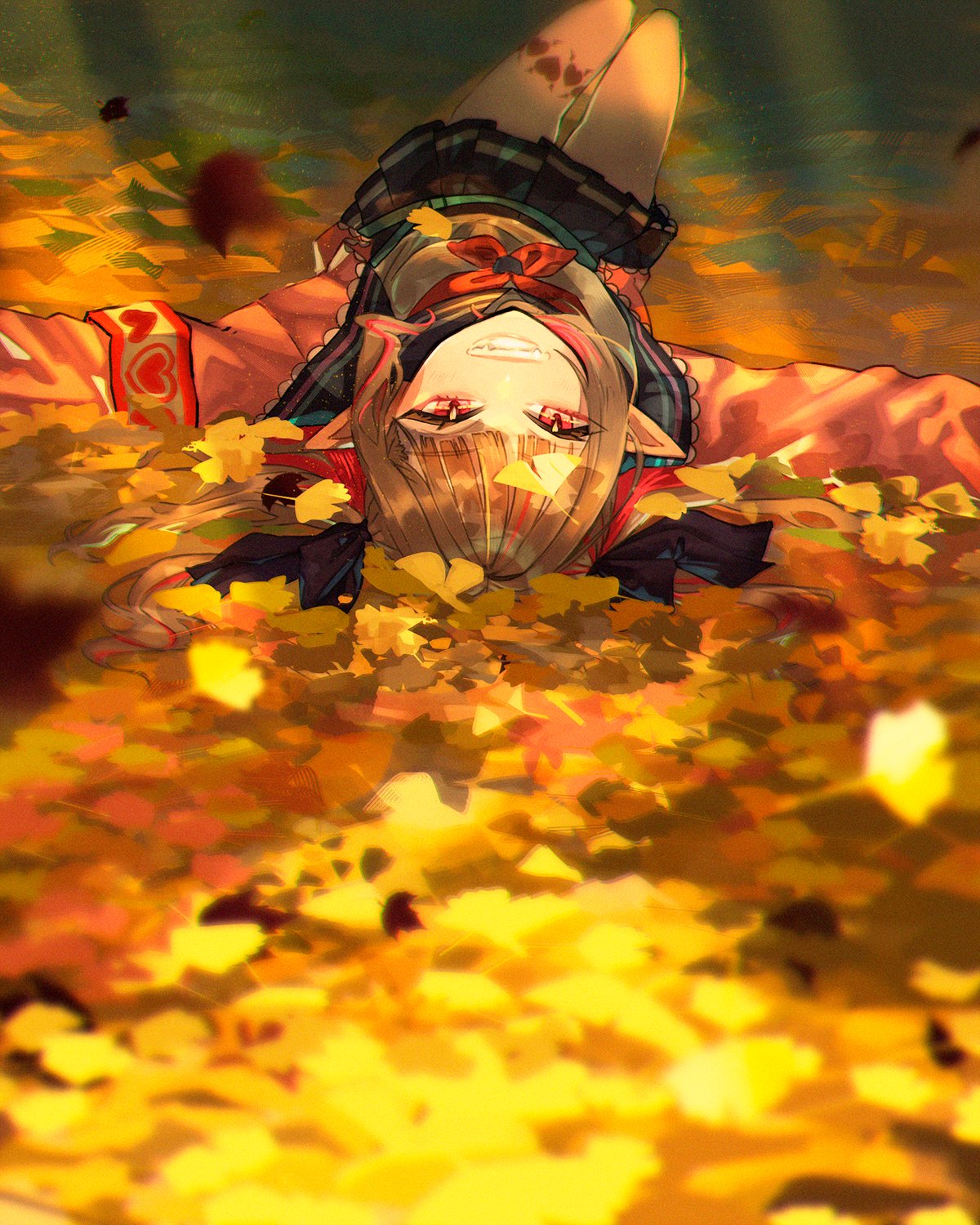 1girl, armband, atari_(eurf8445), autumn, autumn_leaves, grey_hair, heart, heart_tattoo