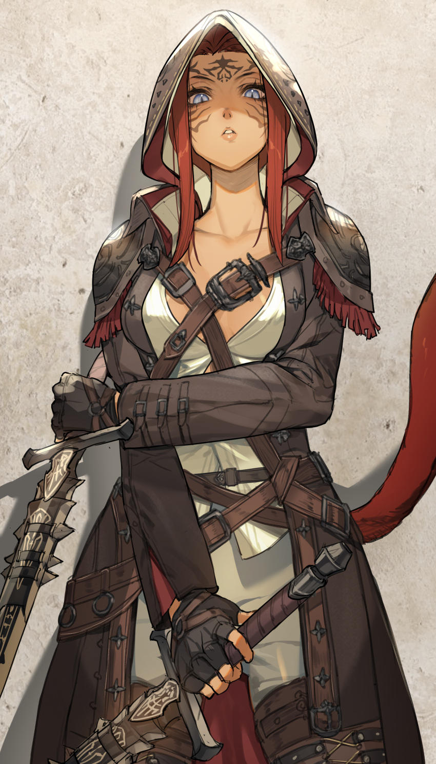 1girl, absurdres, armor, blue_eyes, check_copyright, copyright_request, facepaint, final_fantasy, final_fantasy_xiv, fingerless_gloves, gloves, hide_(hideout), highres, hood, long_hair, looking_at_viewer, original, pauldrons, red_tail, redhead, shoulder_armor, slit_pupils, sword, tagme, tail, viper_(final_fantasy), weapon