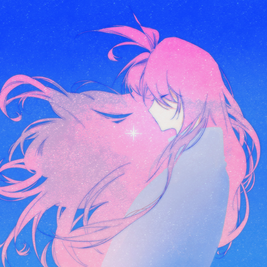 1boy, blue_background, closed_eyes, eyes_visible_through_hair, floating_hair, from_side, grey_shirt, haoyueqianli711, hatsutori_hajime, high_collar, highres, long_hair, male_focus, pink_hair, saibou_shinkyoku, shirt, simple_background, solo, star_(sky), upper_body, very_long_hair
