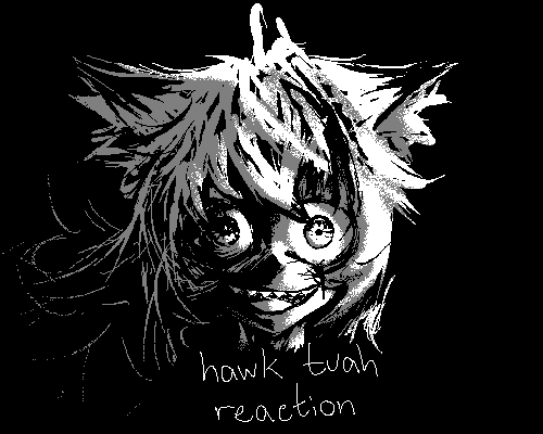 1girl, animal_ears, arknights, commentary, english_commentary, greyscale, hawk_tuah_(meme), head_only, jaggy_lines, lappland_(arknights), long_hair, looking_at_viewer, lowres, meme, monochrome, open_mouth, sharp_teeth, simple_background, smile, solo, teeth, tofusquisha, wide-eyed, wolf_ears, wolf_girl