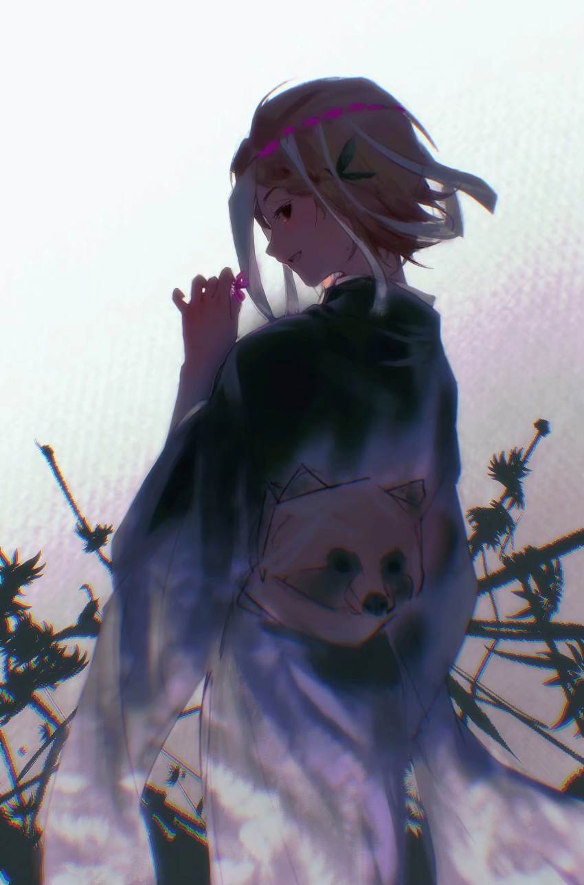 1girl, black_eyes, black_jacket, braid, braided_bangs, brown_hair, chinese_commentary, chromatic_aberration