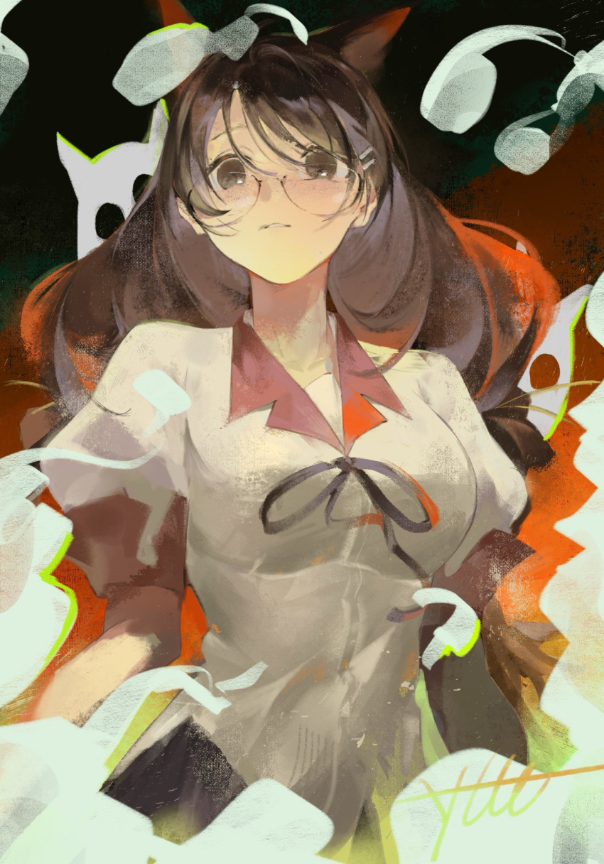 1girl, animal_ears, black_eyes, black_hair, black_ribbon, cat_ears, commentary, glasses, hair_ornament, hairclip, hanekawa_tsubasa, highres, hitodama, long_hair, looking_at_viewer, monogatari_(series), naoetsu_high_school_uniform, neck_ribbon, puffy_short_sleeves, puffy_sleeves, ribbon, school_uniform, short_sleeves, signature, ybluetyt