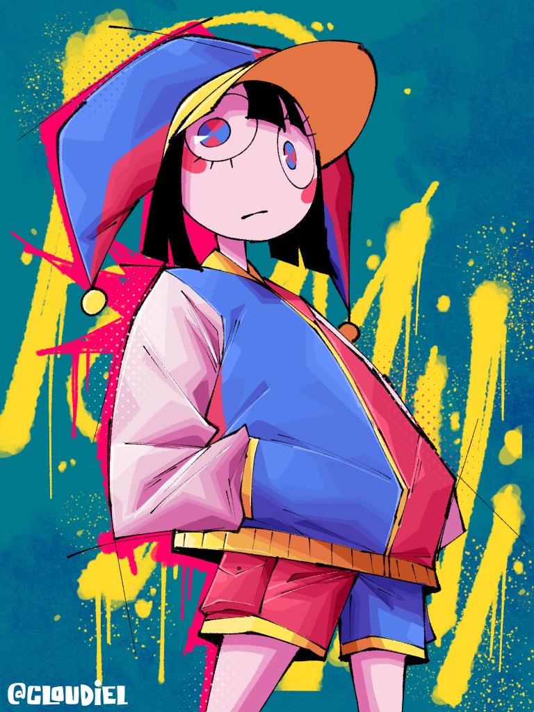 1girl, :/, alternate_costume, artist_name, black_hair, blue_eyes, blue_hat, blue_jacket, blue_shorts, blush_stickers, colored_skin, commentary, cropped_legs, english_commentary, graffiti, green_background, hand_in_pocket, hat, jacket, jester_cap, long_sleeves, looking_at_viewer, looking_down, loyal_cloud, medium_hair, multicolored_clothes, multicolored_jacket, pocket, pomni_(the_amazing_digital_circus), red_eyes, red_hat, red_jacket, red_shorts, shorts, solo, striped_clothes, striped_headwear, striped_jacket, striped_shorts, the_amazing_digital_circus, two-tone_eyes, two-tone_hat, two-tone_headwear, two-tone_jacket, two-tone_shorts, vertical-striped_clothes, vertical-striped_headwear, vertical-striped_jacket, vertical-striped_shorts, white_skin, white_sleeves, yellow_trim