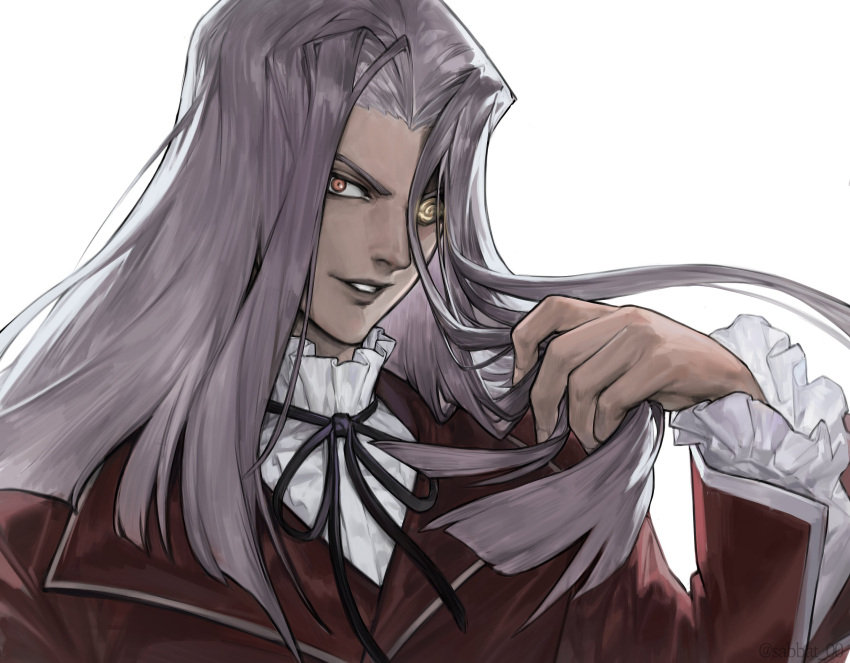 1boy, frills, grey_hair, hand_in_own_hair, highres, jacket, korean_commentary, long_hair