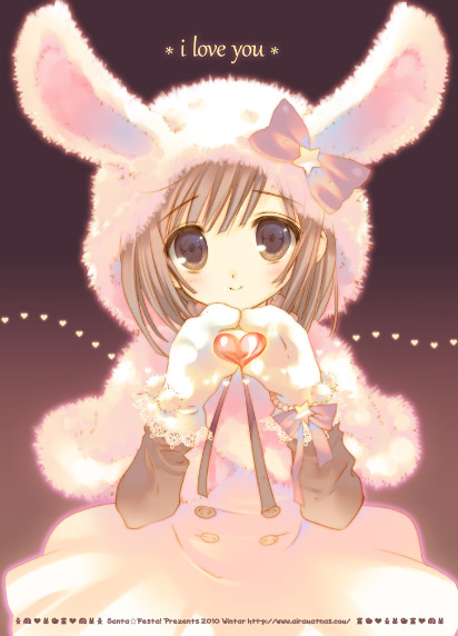 1girl, animal_ears, bakemonogatari, brown_eyes, brown_hair, bunny_ears, dress, hat, heart, heart_hands, mittens, monogatari_(series), santa_maria, santa_matsuri, sengoku_nadeko, short_hair, solo, winter_clothes