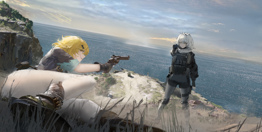 2girls, absurdres, aiming, ammunition_pouch, black_gloves, black_shorts, blonde_hair, boots