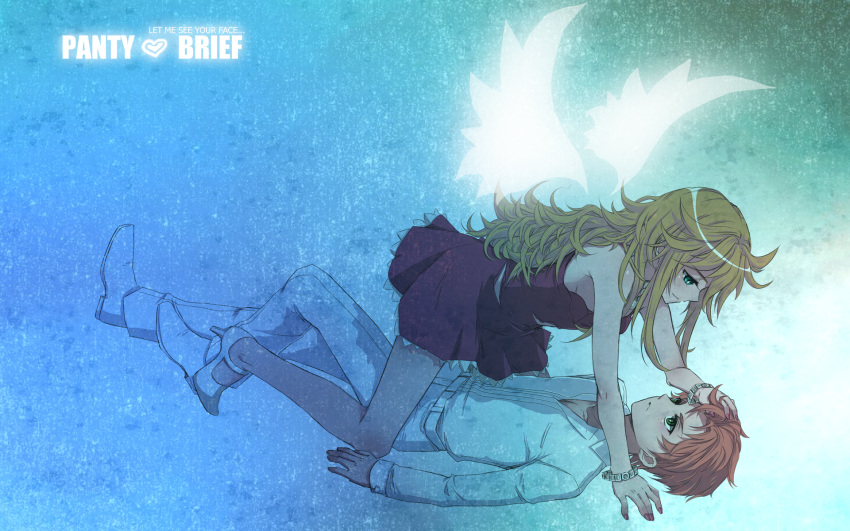 1girl, alternate_hairstyle, angel, blonde_hair, blue_eyes, bracelet, brief_(character), brief_(psg)