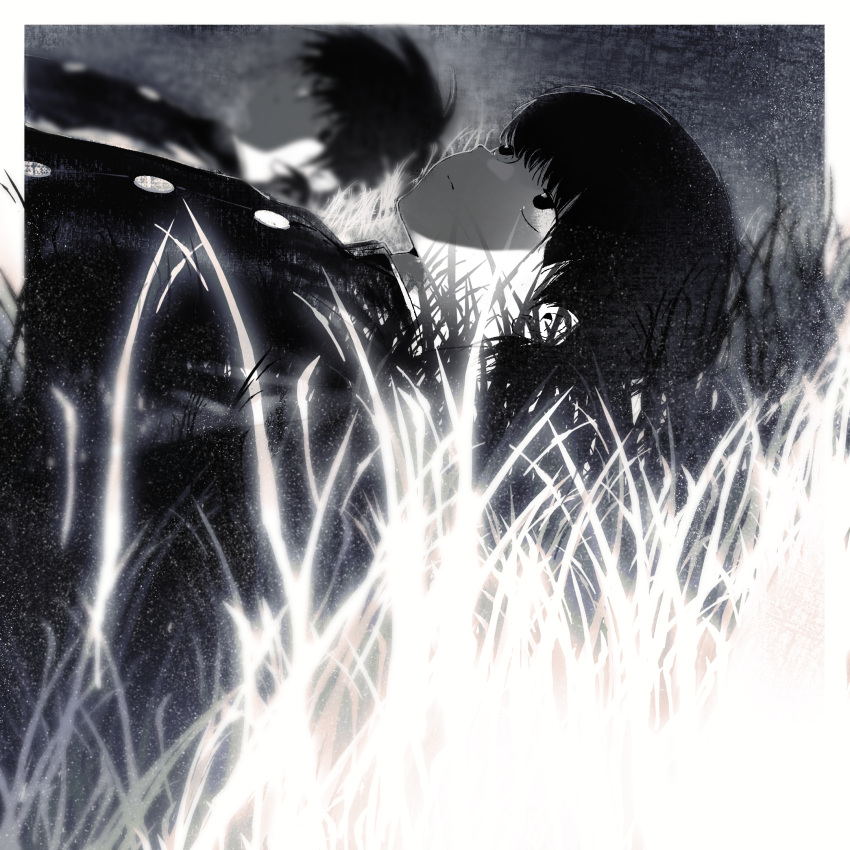 2boys, blurry, blurry_background, border, brothers, buttons, chinese_commentary, closed_mouth, commentary_request, expressionless, gakuran, grass, greyscale, haoyueqianli711, highres, jacket, kageyama_ritsu, kageyama_shigeo, lying, male_focus, mob_psycho_100, monochrome, multiple_boys, on_back, on_grass, outdoors, outside_border, school_uniform, short_hair, siblings, variant_set, white_border