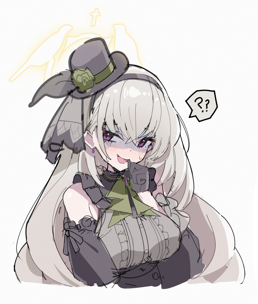 1girl, ?, ??, absurdres, blue_archive, grey_shirt, halo, hat