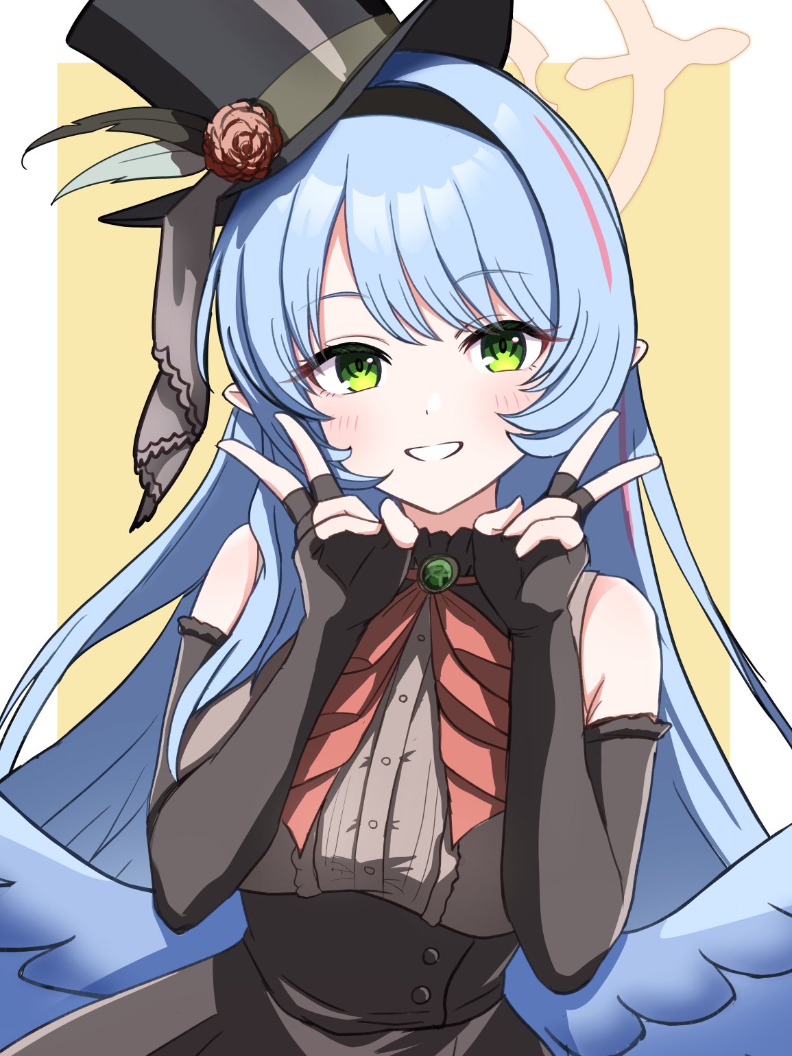 1girl, bare_shoulders, black_dress, black_gloves, black_hat, blue_archive, blue_hair, blue_wings