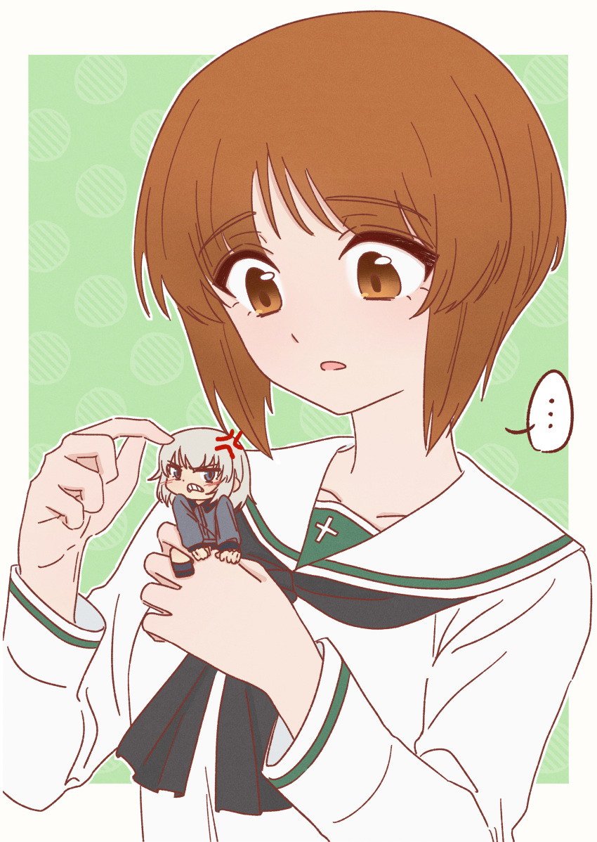 ..., 2girls, absurdres, anger_vein, black_neckerchief, blouse, blue_eyes, brown_eyes