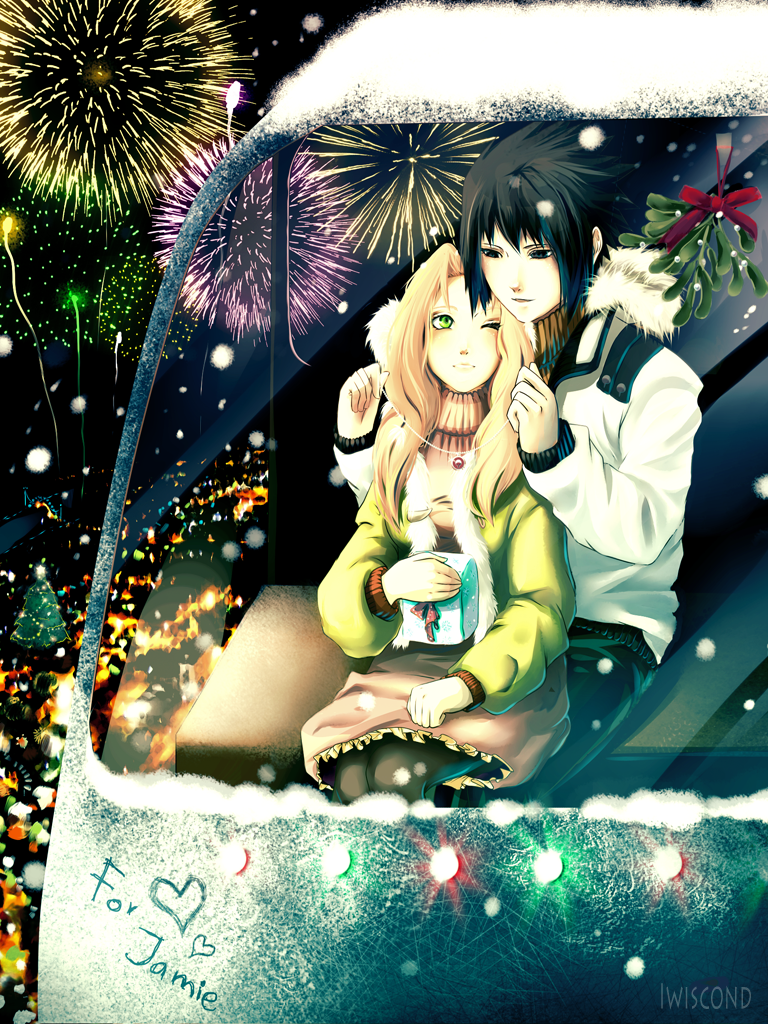 1girl, black_hair, christmas, couple, gift, haruno_sakura, iviscond, iwiscond, mistletoe, naruto, pink_hair, uchiha_sasuke