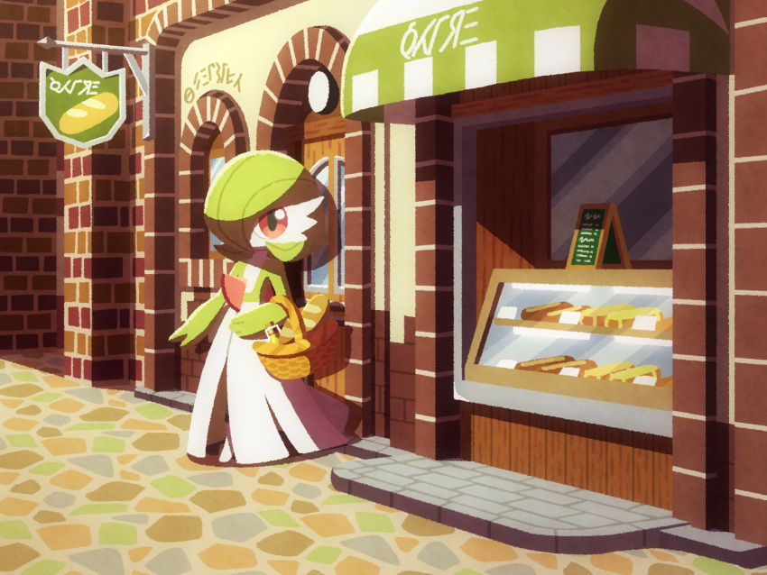 1girl, awning, bob_cut, bread, brick_wall, building, colored_skin, commentary_request