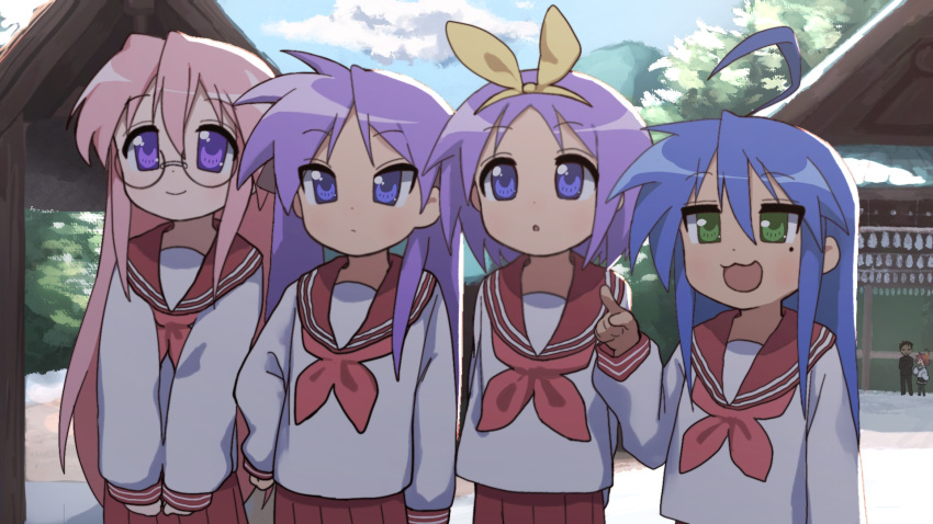 1boy, 5girls, blue_eyes, blue_hair, blush, glasses, highres, hiiragi_kagami, hiiragi_tsukasa, izumi_konata, kogami_akira, long_hair, lucky_star, mole, mole_under_eye, multiple_girls, open_mouth, pantyhose, pink_hair, purple_hair, ryouou_school_uniform, school_uniform, serafuku, shiraishi_minoru, short_hair, smile, solo, takara_miyuki, twintails, violet_eyes, wuju59