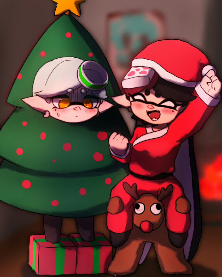 +_+, 2girls, alternate_costume, black_hair, callie_(splatoon), christmas_tree_costume, earrings, fangs