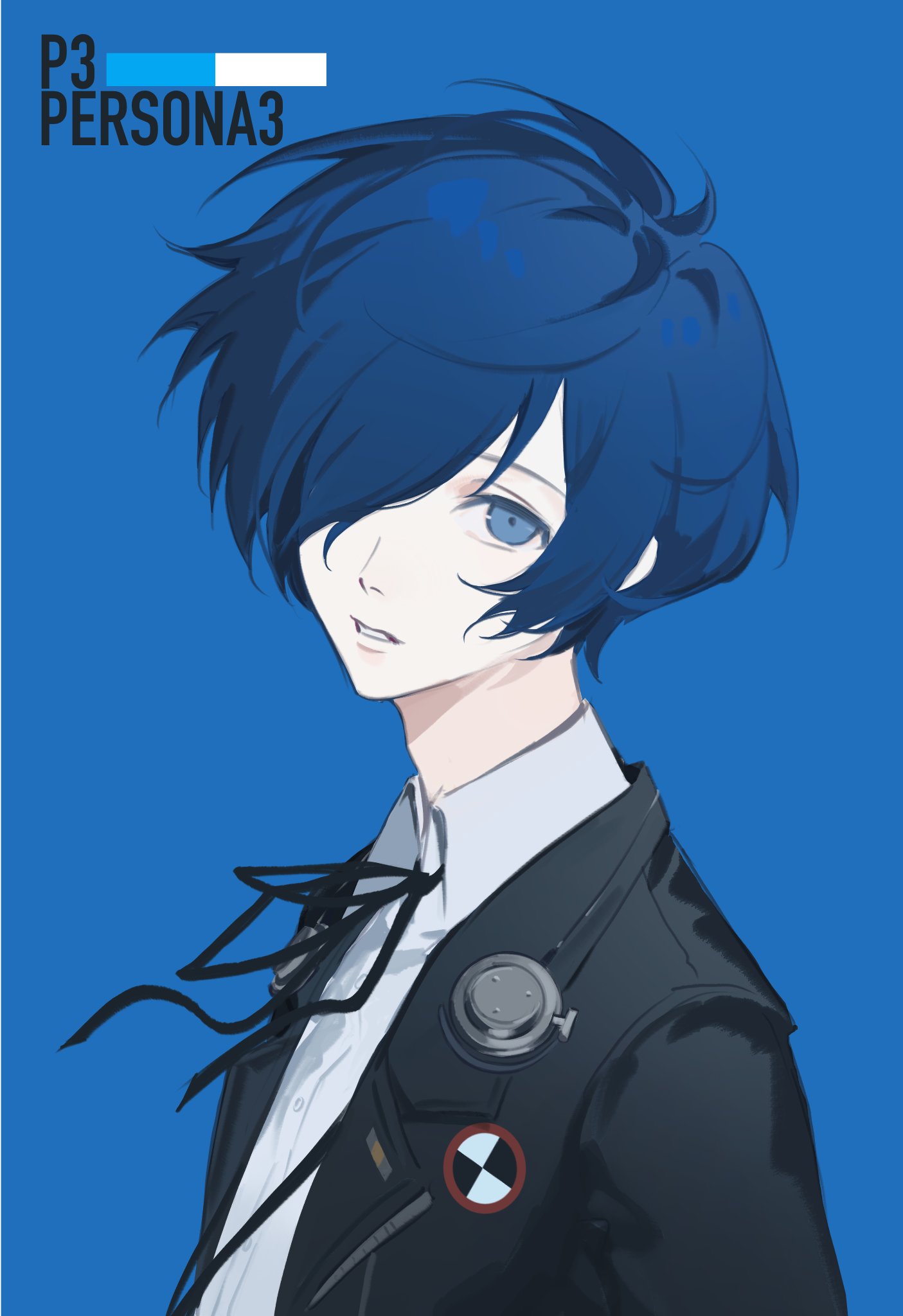 1boy, black_ribbon, blue_background, blue_eyes, blue_hair, collared_shirt, commentary, copyright_request