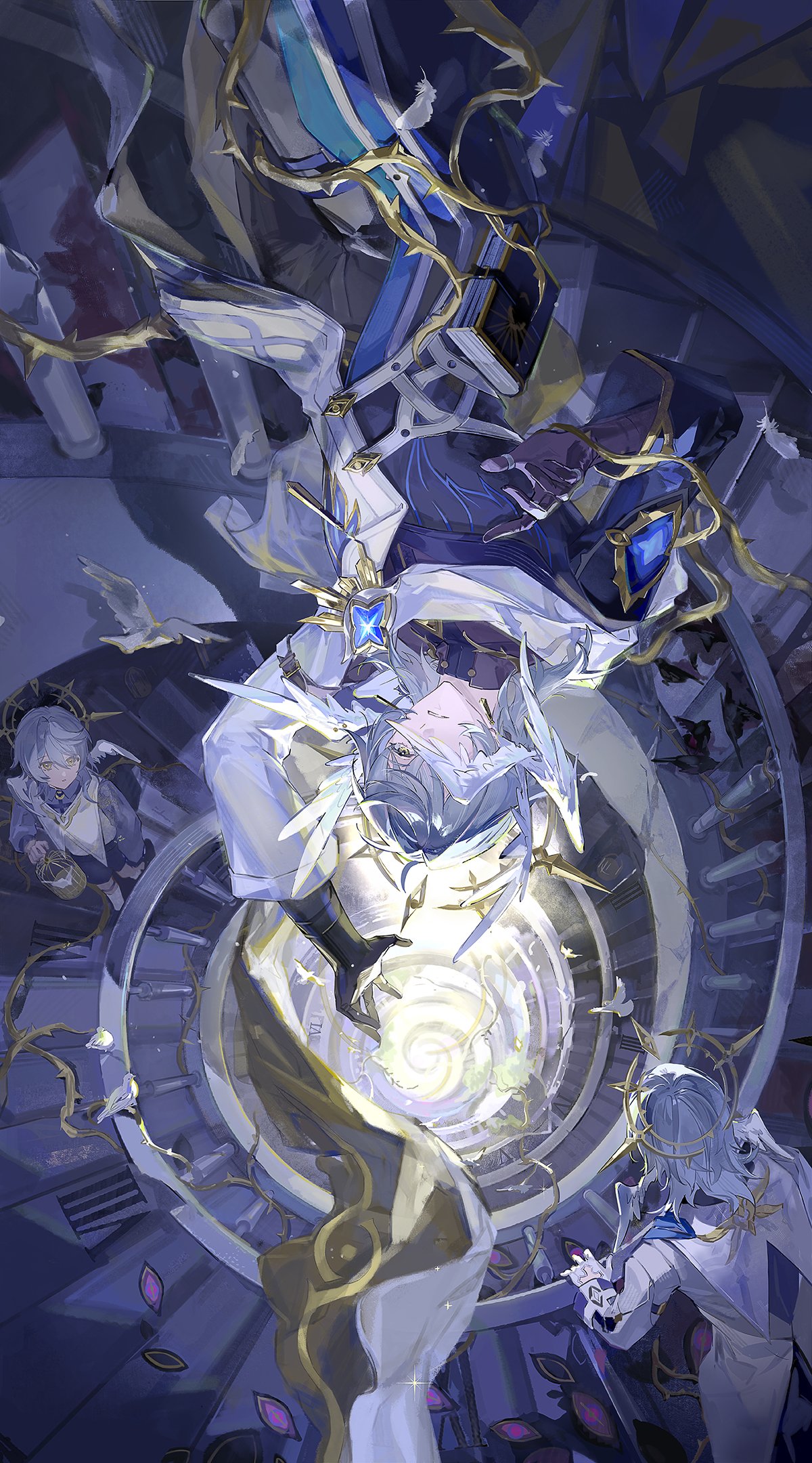 1boy, age_progression, birdcage, black_gloves, blue_hair, blue_pants, blue_shirt, cage