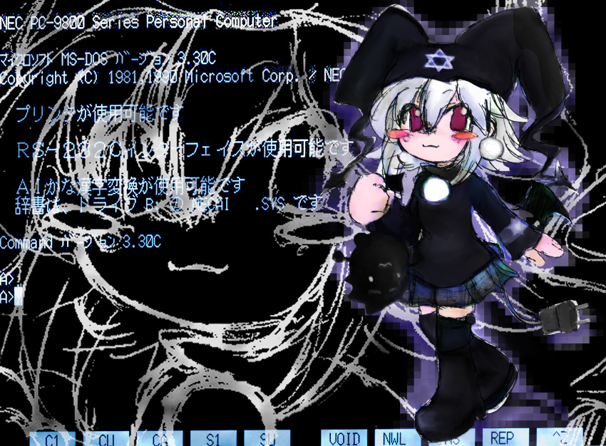 1girl, akibacore, bat_wings, black_footwear, black_shirt, black_socks, blush, hat