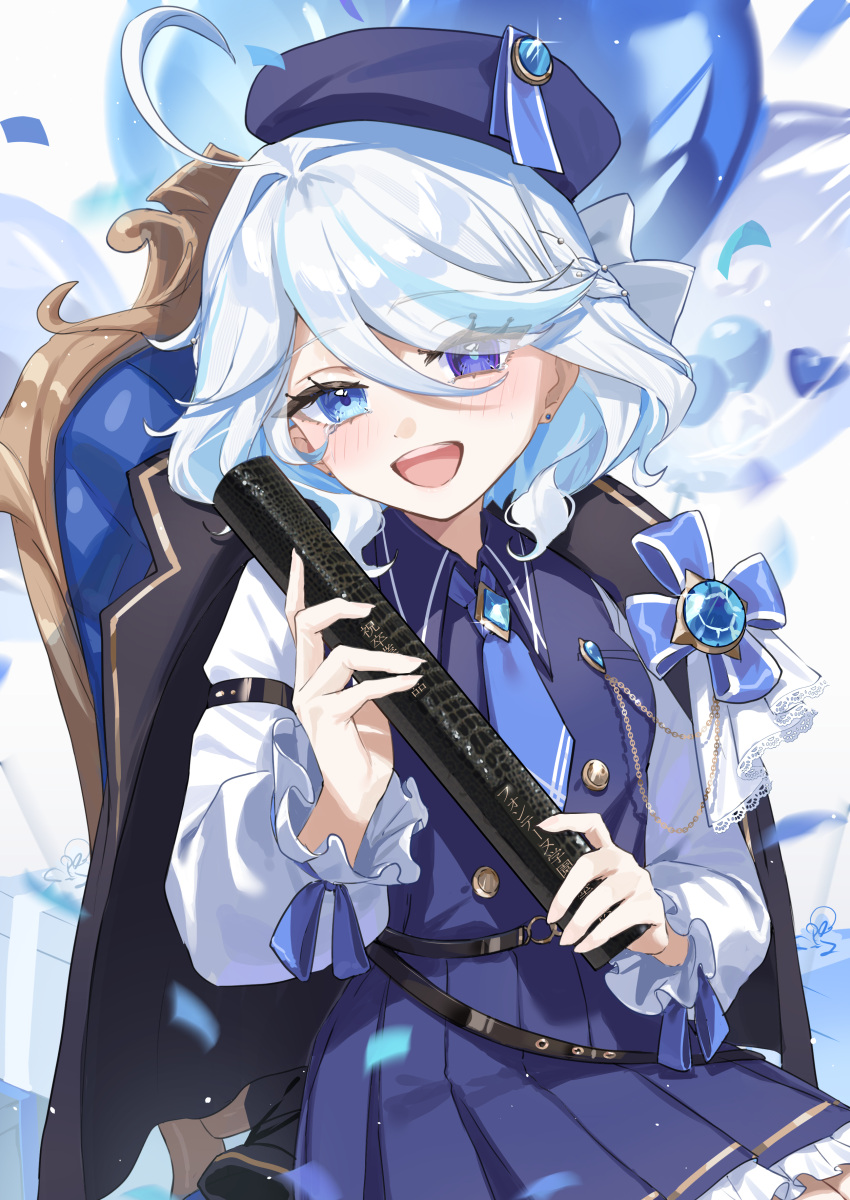 1girl, absurdres, ahoge, birthday, blue_eyes, blue_gemstone, blue_hair, blue_necktie, chair, collared_dress, commentary, dress, furina_(genshin_impact), gem, genshin_impact, hair_between_eyes, hat, heterochromia, highres, light_blue_hair, looking_at_viewer, mismatched_pupils, multicolored_hair, necktie, open_mouth, pinafore_dress, shirt, sitting, sleeveless, sleeveless_dress, smile, solo, streaked_hair, tsukimori_mochi, white_shirt