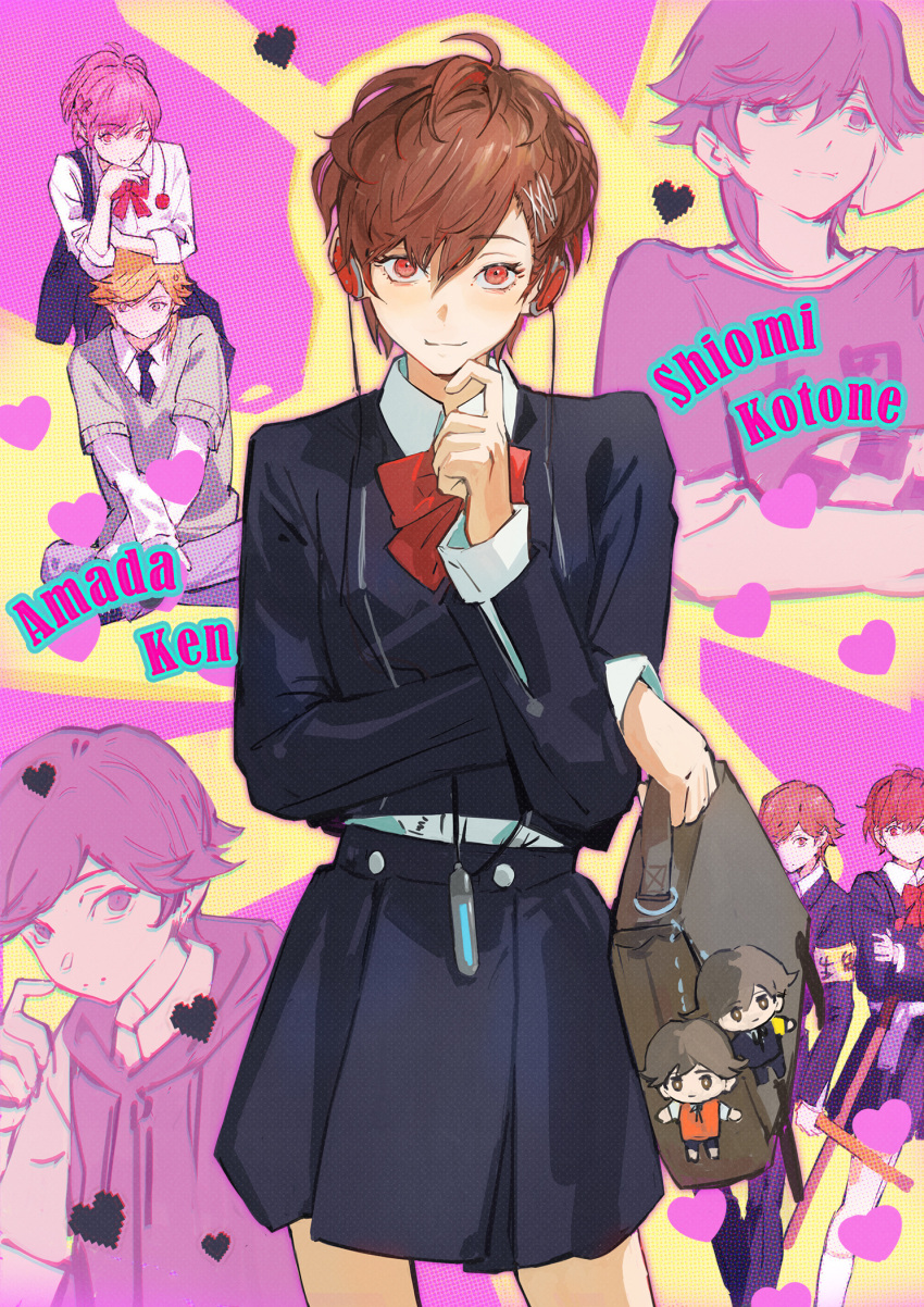 1girl, amada_ken, armband, bag, bag_charm, black_skirt, bow, bowtie