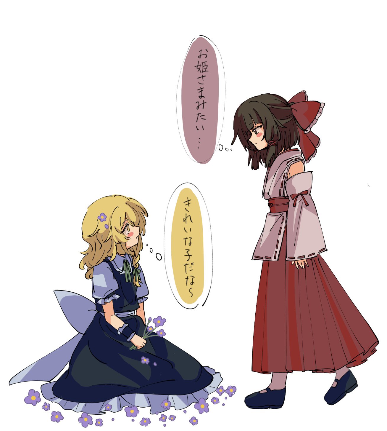 2girls, aged_down, alternate_costume, blonde_hair, blush_stickers, bow, braid, brown_hair