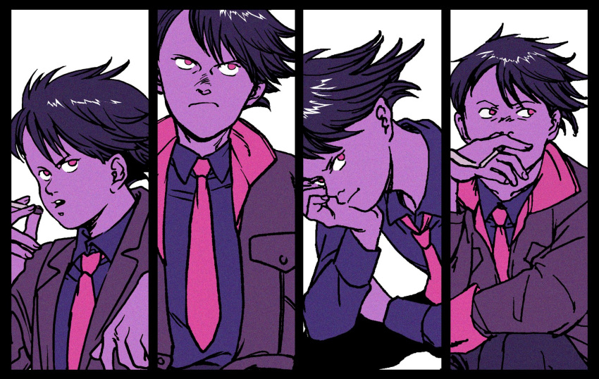 1boy, akira_(manga), arm_on_knee, black_shirt, brown_hair, cigarette, collared_jacket, collared_shirt