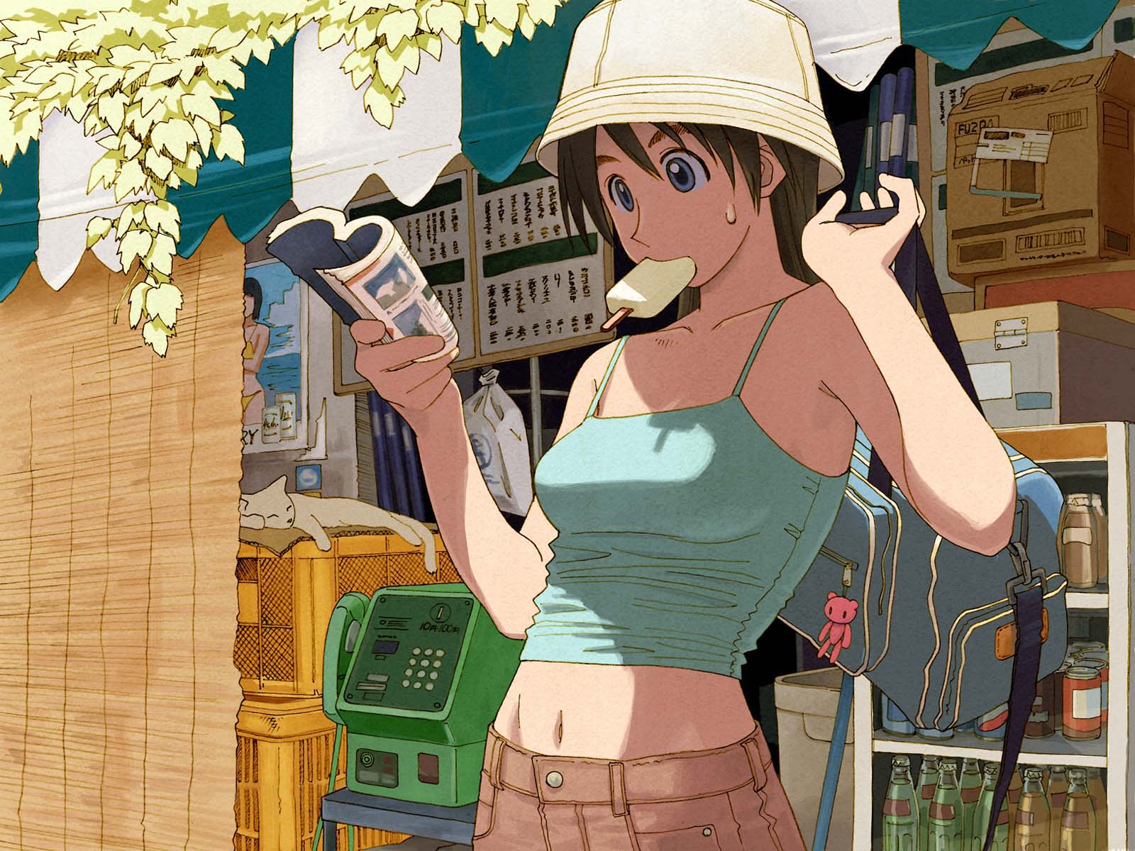 azuma_kiyohiko, bag, bare_shoulders, book, bottle, brown_hair, can, cat, duplicate, food, hat, highres, ice_cream, midriff, mouth_hold, payphone, phone, popsicle, reading, summer, sweat, wallpaper